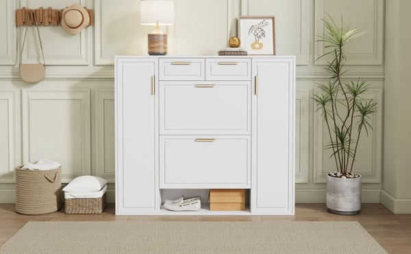 Skoskab - Skoreol - Justerbare hylder - Guldfarvede greb - Over 10 rum - 2 døre - 120×24×107 cm - Hvid