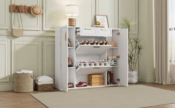 Skoskab - Skoreol - Justerbare hylder - Guldfarvede greb - Over 10 rum - 2 døre - 120×24×107 cm - Hvid