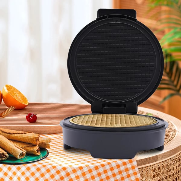 Jäätelötötterörauta - Sähköinen tötterökone - 1000 W - Tarttumaton levy - Ohuille tötteröille - Mukana kartiorulla - Musta