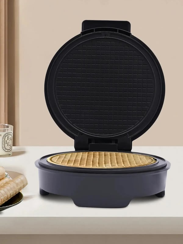 Jäätelötötterörauta - Sähköinen tötterökone - 1000 W - Tarttumaton levy - Ohuille tötteröille - Mukana kartiorulla - Musta