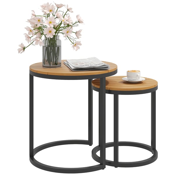 Trädgårdsbord 2-pack - Utomhusbord - Bordsskiva i akacia med ribbor - Stålram - Justerbara fötter - Teak