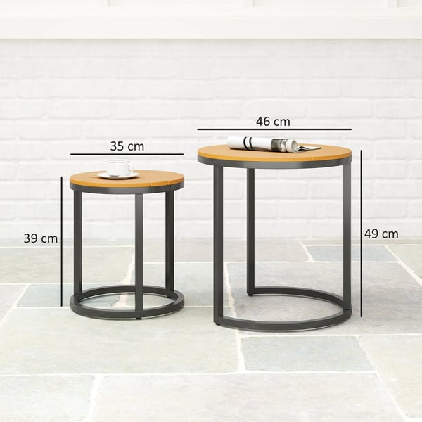 Trädgårdsbord 2-pack - Utomhusbord - Bordsskiva i akacia med ribbor - Stålram - Justerbara fötter - Teak
