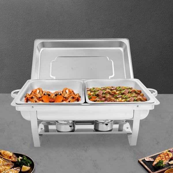 Chafing Dish Buffetsæt - 2-bakke Madvarmer/Servering - Rustfrit Stål - Til Catering, Bryllupper & Events - Sølv