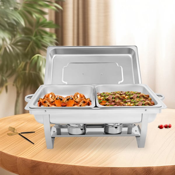 Chafing Dish Buffetsæt - 2-bakke Madvarmer/Servering - Rustfrit Stål - Til Catering, Bryllupper & Events - Sølv