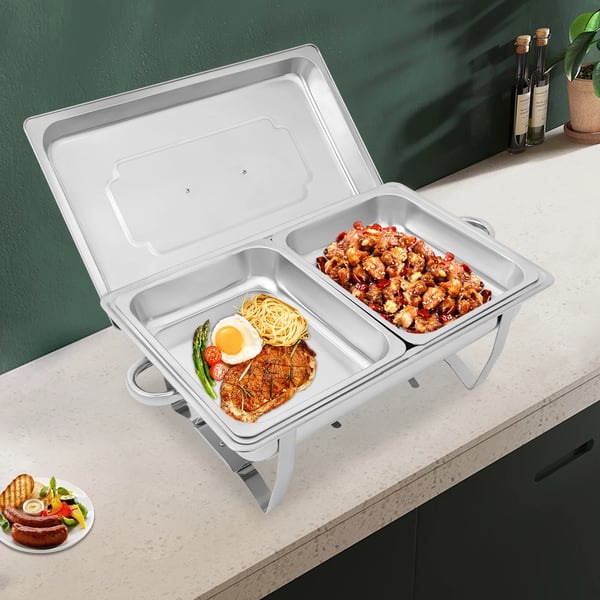 Chafing Dish Buffetsæt - 2-bakke Madvarmer/Servering - Rustfrit Stål - Til Catering, Bryllupper & Events - Sølv