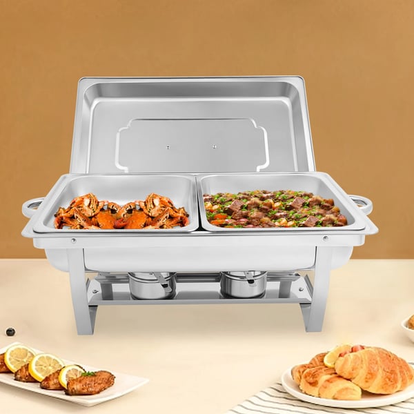 Chafing Dish Buffetsæt - 2-bakke Madvarmer/Servering - Rustfrit Stål - Til Catering, Bryllupper & Events - Sølv