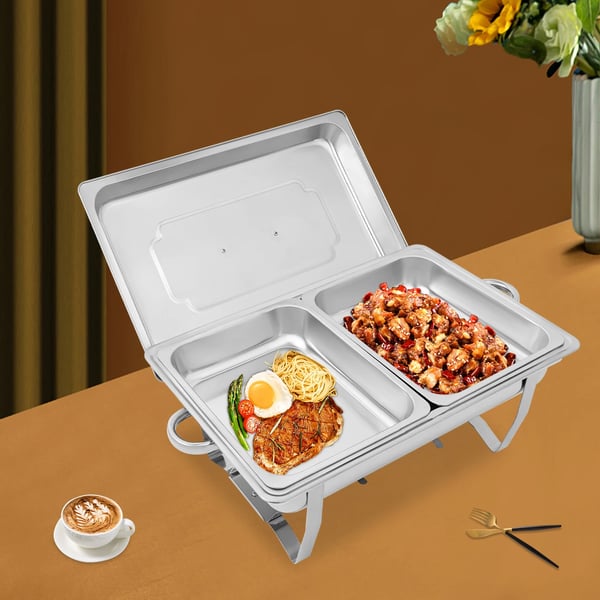 Chafing Dish Buffetsæt - 2-bakke Madvarmer/Servering - Rustfrit Stål - Til Catering, Bryllupper & Events - Sølv