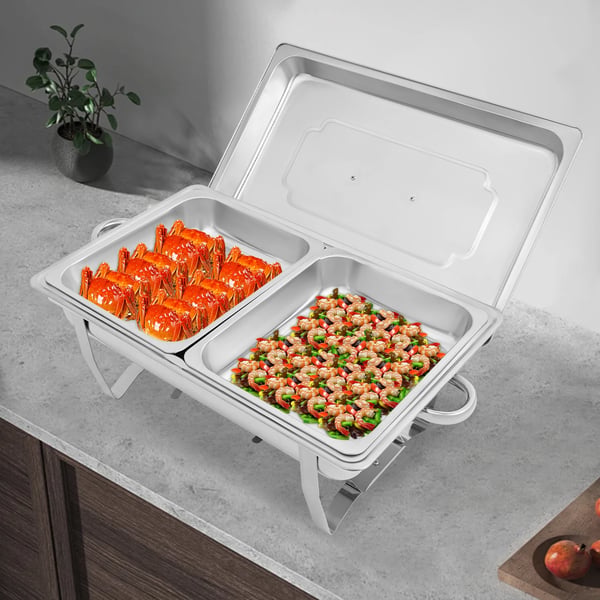 Chafing Dish Buffetsæt - 2-bakke Madvarmer/Servering - Rustfrit Stål - Til Catering, Bryllupper & Events - Sølv