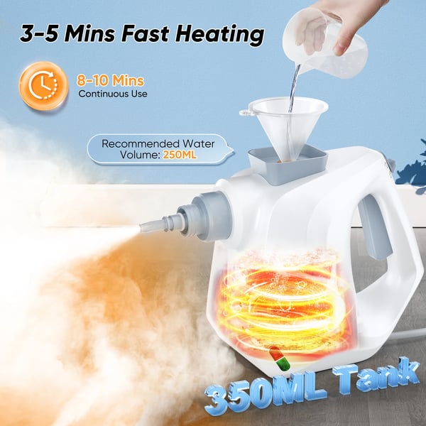 Håndholdt damprenser - 220–240 V - Effekt 1000 W - Damptryk 3,2 bar - Hurtig opvarmning 3–5 min - Kemikaliefri rengøring - Bærbar med lang rækkevidde
