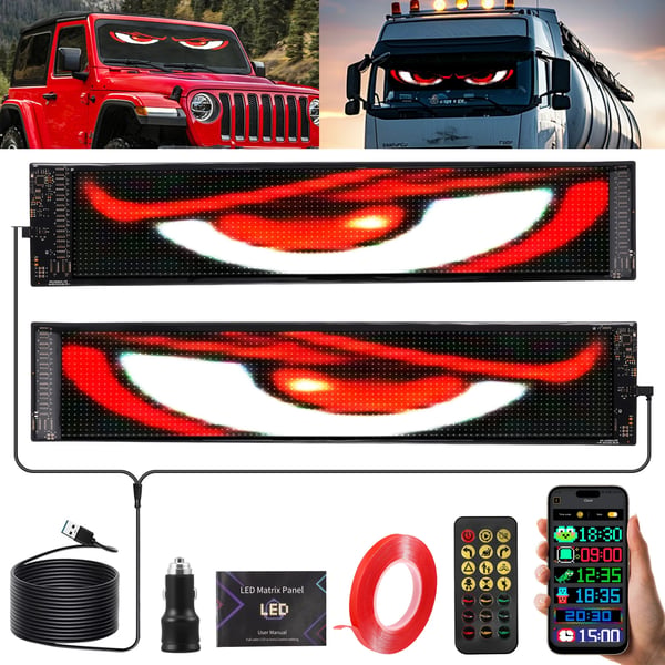 LED auto- ja kuorma-autokyltti - Ohjelmoitava rullaava teksti/Devil Eyes - Monivärinen - Pehmeä näyttö - Mainokseen ja koristeluun - Musta