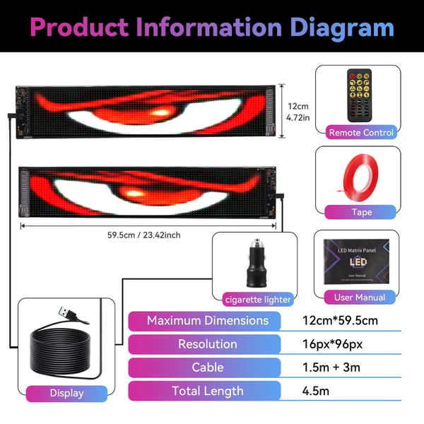 LED bil- og lastbilskilt - Programmerbar rullende tekst/Devil Eyes - Flerfarvet - Blød skærm - Reklame og dekoration - Sort