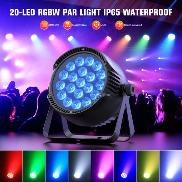LED PAR‑valaisin - Vedenpitävä DMX lavavalo - 250 W - 20×10 W RGBW 4‑in‑1 - DMX512/RDM 4/8 kanavaa - Auto/Ääni/Master‑Slave - Lämmin valkoinen