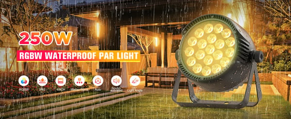 LED PAR‑valaisin - Vedenpitävä DMX lavavalo - 250 W - 20×10 W RGBW 4‑in‑1 - DMX512/RDM 4/8 kanavaa - Auto/Ääni/Master‑Slave - Lämmin valkoinen