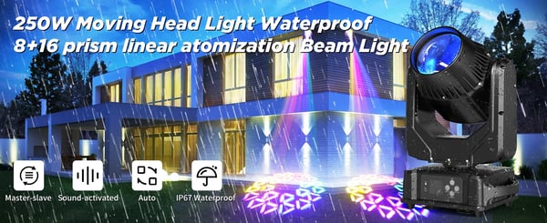LED Moving Head Beam - Scenelys - 250W IP65 - 24-Facets Prisme - DMX512/RDM 14 Kanaler - Lydaktiveret Auto/Master-Slave - 90–240V - Varmhvid