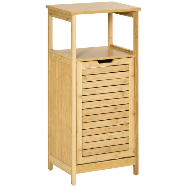 Badrumsskåp i bambu - Förvaringshylla - 2 Hyllor - 1 Avtagbar Tyglåda - 40 x 30 x 86,5 cm - MDF, Bambu & Tyg - Montering Krävs - Naturträ