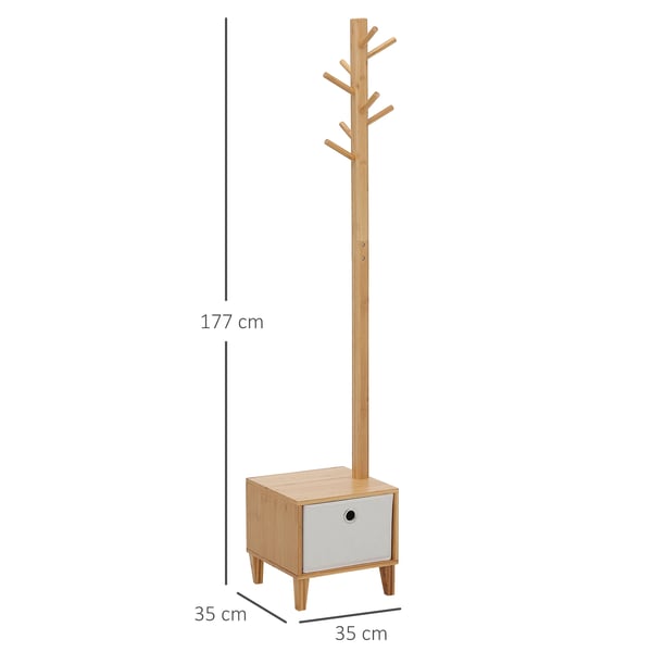 Bambu klädställ - Klädhängare/hallmöbel - 8 krokar - Bänk med tyglåda - Fristående - 35x35x177 cm - Natur