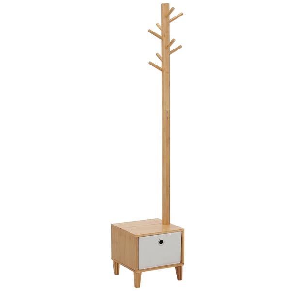 Bambu klädställ - Klädhängare/hallmöbel - 8 krokar - Bänk med tyglåda - Fristående - 35x35x177 cm - Natur
