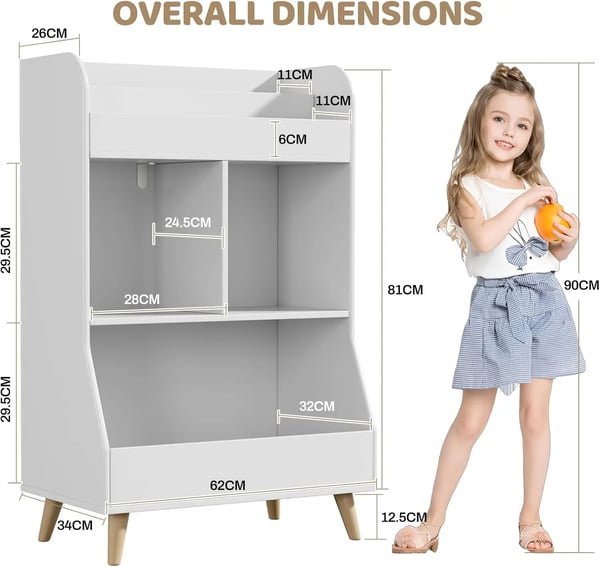 Børneopbevaring - Bogreol og legetøjsopbevaring - 5 hylder/rum - MDF/spånplade - Mål 62×34×93,5 cm - Selvmontering - Hvid