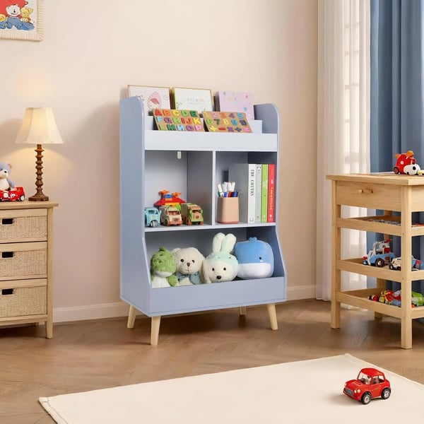 Børnebogreol med legetøjsopbevaring - Børnehylde - 5 hylder, MDF/spånplade, 62×34×93,5 cm, kræver montering - Lyseblå