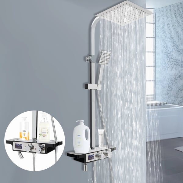 Brusesystem - Termostatbatteri med regnbruser - 3 funktioner: top, håndbruser, tud - 25x25 cm hoved - Justerbar højde 74,5–115 cm - Sølv