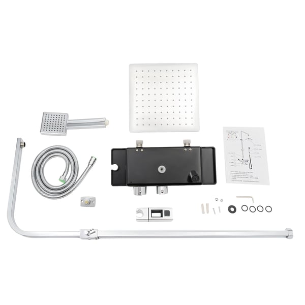 Brusesystem - Termostatbatteri med regnbruser - 3 funktioner: top, håndbruser, tud - 25x25 cm hoved - Justerbar højde 74,5–115 cm - Sølv