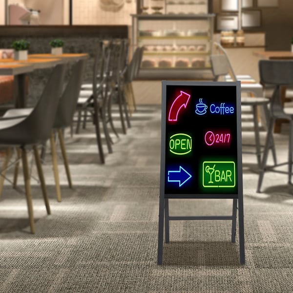 LED Kirjoitustaulu - Jalallinen Menutaulu - 40×60 cm - 7 Väriä 11 Tilaa - 8 Fluoresoivaa Tussia - 8×AA (ei sisälly)/Verkko, EU-pistoke - Musta
