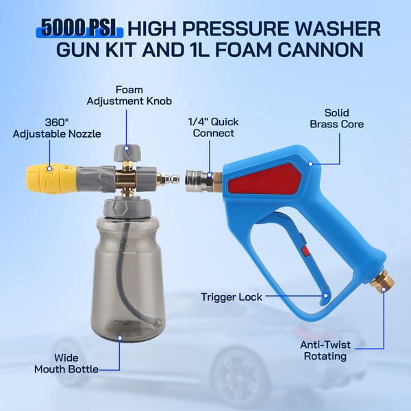 Autopesu Vaahdotin - 6‑in‑1 Suutin & Vaahdotussäiliö - Painepesuriin - Sovitin K‑sarjaan K2–K7 - Max 5000 PSI - Sininen