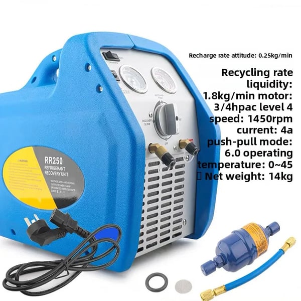 Kølemiddel/Freon-genvindingsmaskine - RR250 - Effekt 0,75 hk - Til HVAC, AC & køleskab - Vægt 15 kg - Turkis