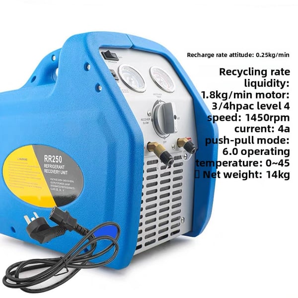 Kølemiddel/Freon-genvindingsmaskine - RR250 - Effekt 0,75 hk - Til HVAC, AC & køleskab - Vægt 15 kg - Turkis