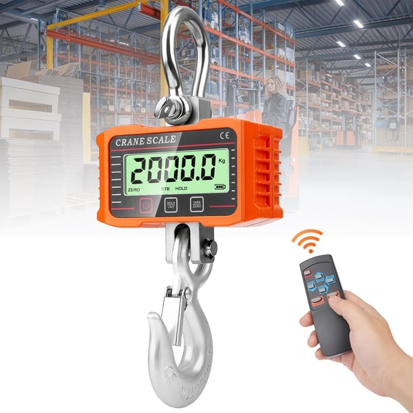 Digitaalinen riippuvaaka - Nosturivaaka - Kapasiteetti 1000 kg - Kaukosäädin - LCD-taustavalo - Kannettava - Paristot mukana - Oranssi