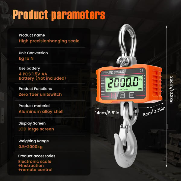 Digitaalinen riippuvaaka - Nosturivaaka - Kapasiteetti 1000 kg - Kaukosäädin - LCD-taustavalo - Kannettava - Paristot mukana - Oranssi