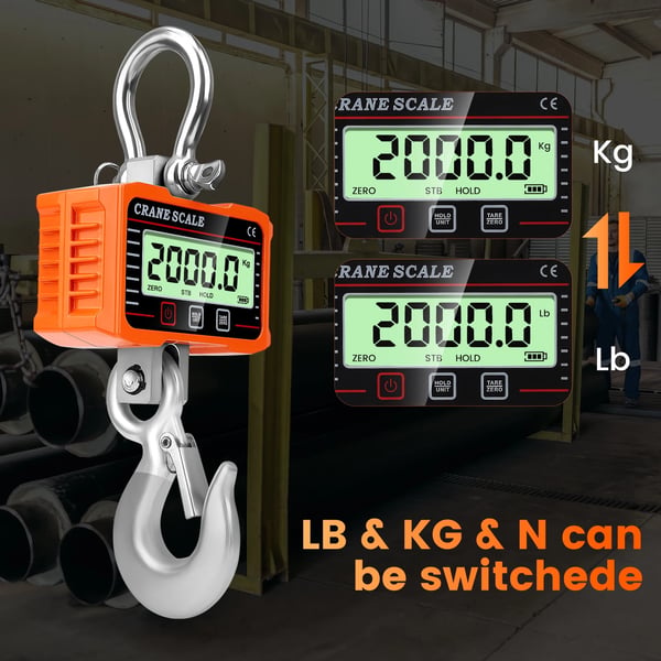 Digitaalinen riippuvaaka - Nosturivaaka - Kapasiteetti 1000 kg - Kaukosäädin - LCD-taustavalo - Kannettava - Paristot mukana - Oranssi
