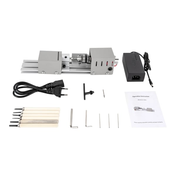 Mini drejebænk - Trædrejebænk - 96W Motor - 7 Gear - 4000–9000 o/min - Med 6 snittejern - EU-stik - Hvid