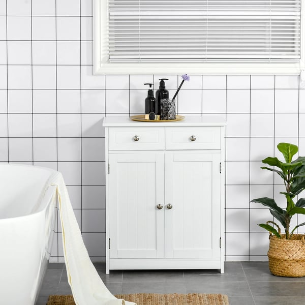 Badrumsskåp - Fristående Förvaringsskåp - 2 Lådor - 2 Dörrar - 60x30x75 cm - Smal - Montering Krävs - Vit