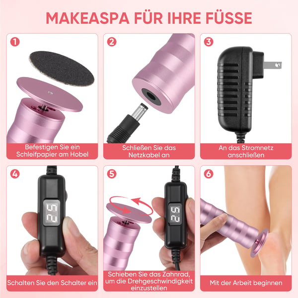 Elektrisk fodfil - Fodrasp - USB-genopladelig - Udskiftelig sliberulle - Fjerner hård hud & døde hudceller - Pedicure - Rød