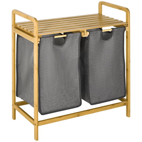 Tvättkorg i bambu - Med 2 avtagbara tvättsäckar - 63,5 x 33 x 73 cm - Med handtag - Nonwoven-tyg - Naturlig