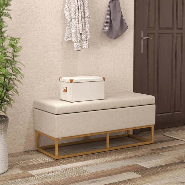Förvaringsbänk med lock - Ottoman/bänk - Fällbart lock - Vadderad sits - Modern design - Stålram - 110x44x48 cm - Beige