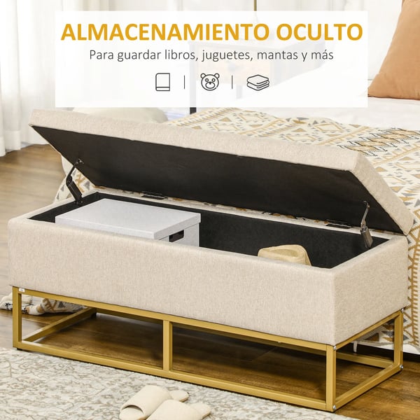 Förvaringsbänk med lock - Ottoman/bänk - Fällbart lock - Vadderad sits - Modern design - Stålram - 110x44x48 cm - Beige