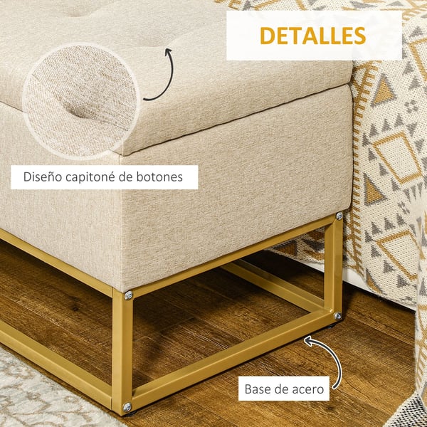 Förvaringsbänk med lock - Ottoman/bänk - Fällbart lock - Vadderad sits - Modern design - Stålram - 110x44x48 cm - Beige
