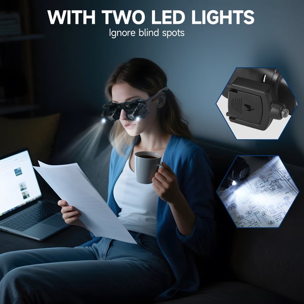 Lupebriller - Læsebriller med LED-lys - 4 forstørrelser - Sort