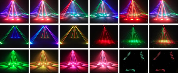 Scenelys - Moving Head 3-armet - 180W - Bee Eye Rotation - DMX512 24/32CH - RGBW Beam & Strobe - Lydaktiv & Auto - Varmt lys