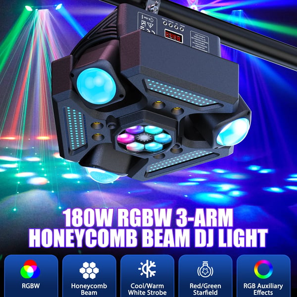 Scenelys - Moving Head 3-armet - 180W - Bee Eye Rotation - DMX512 24/32CH - RGBW Beam & Strobe - Lydaktiv & Auto - Varmt lys