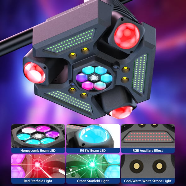 Scenelys - Moving Head 3-armet - 180W - Bee Eye Rotation - DMX512 24/32CH - RGBW Beam & Strobe - Lydaktiv & Auto - Varmt lys