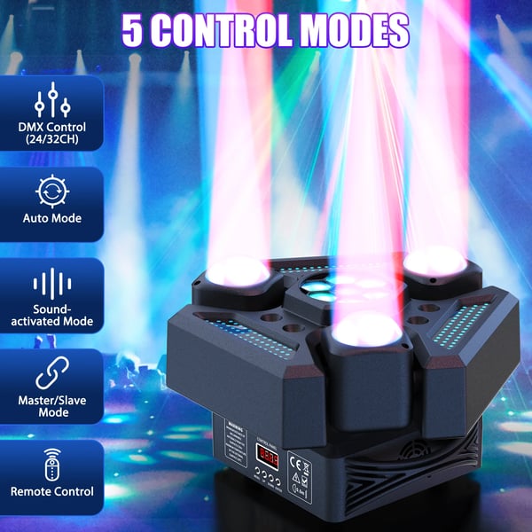 Scenelys - Moving Head 3-armet - 180W - Bee Eye Rotation - DMX512 24/32CH - RGBW Beam & Strobe - Lydaktiv & Auto - Varmt lys