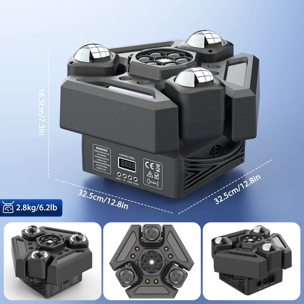 Scenelys - Moving Head 3-armet - 180W - Bee Eye Rotation - DMX512 24/32CH - RGBW Beam & Strobe - Lydaktiv & Auto - Varmt lys