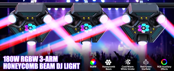 Scenelys - Moving Head 3-armet - 180W - Bee Eye Rotation - DMX512 24/32CH - RGBW Beam & Strobe - Lydaktiv & Auto - Varmt lys