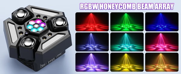 Scenelys - Moving Head 3-armet - 180W - Bee Eye Rotation - DMX512 24/32CH - RGBW Beam & Strobe - Lydaktiv & Auto - Varmt lys
