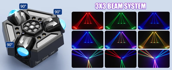 Scenelys - Moving Head 3-armet - 180W - Bee Eye Rotation - DMX512 24/32CH - RGBW Beam & Strobe - Lydaktiv & Auto - Varmt lys
