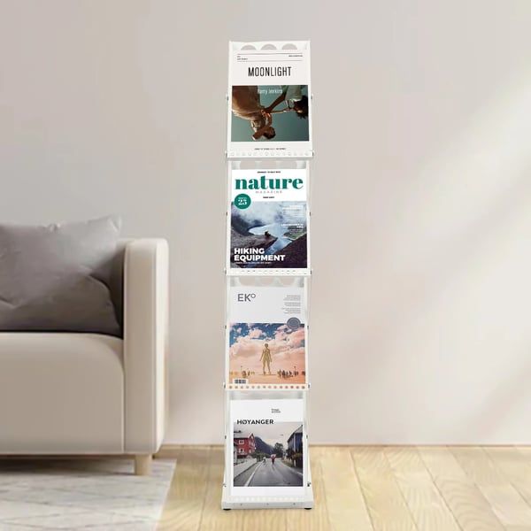 Brochureholder A4 - 4-fags foldbart displaystativ - Bærbar - Til kataloger & foldere - 40×18×29 cm - Hvid