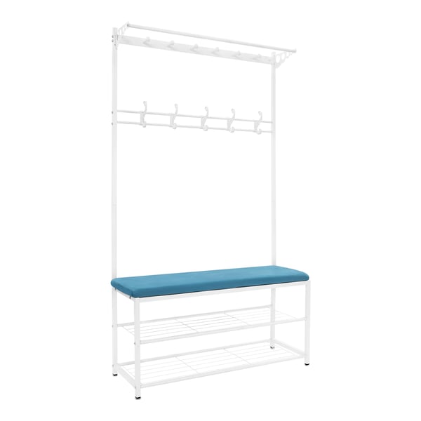 Tøjstativ med skobænk - Fritstående entrémøbel - Bænk 100 cm - To hylder - Maks 100 kg - Mål 100×33×170 cm - Sædehøjde 50 cm - Metalramme - Blå